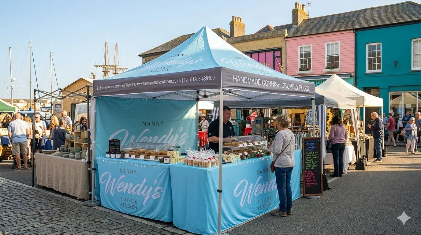 Pat serving fudge on a sunny day at the Nanny Wendy's marquee in Padstow