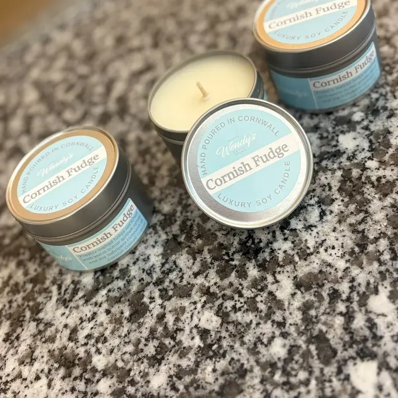 Close up of the Cornish Fudge luxury soy candle label, hand poured in Cornwall